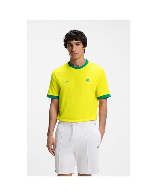 Boss Yellow Stretch-Cotton T-Shirt With Country Flag And Logo for men