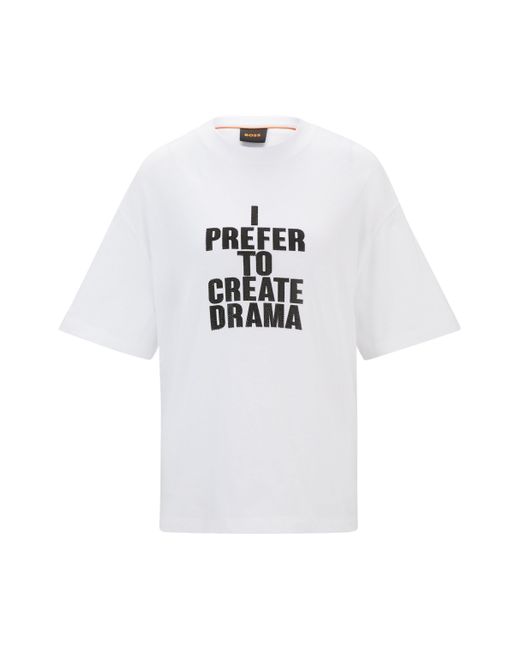 Boss White Regular-Fit T-Shirt aus Baumwoll-Jersey mit Slogan-Print