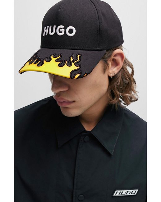 HUGO Black Cotton-twill Cap With 3d Flame And Logo Embroidery for men