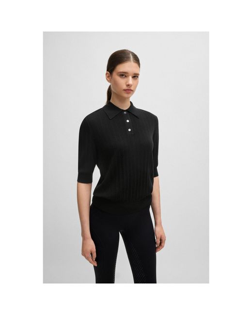 Boss Black Equestrian Ribbed-Knit Polo With Oversized Collar