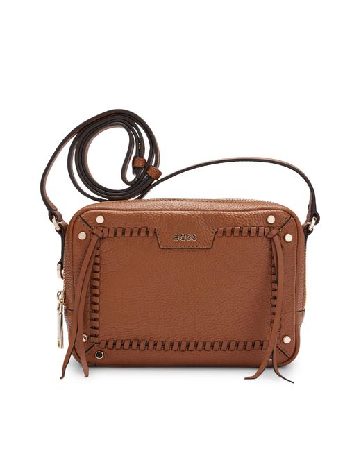 Boss Brown Grained-leather Crossbody Bag With Whipstitch Details