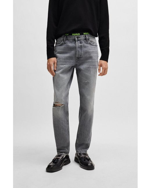 HUGO Black Tapered-fit Regular-rise Jeans In Grey Denim for men