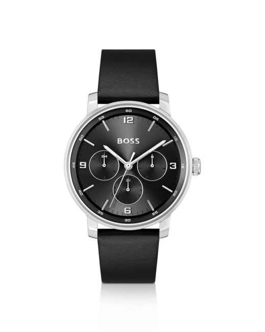 Boss Leather-strap Watch With Black Dial for men