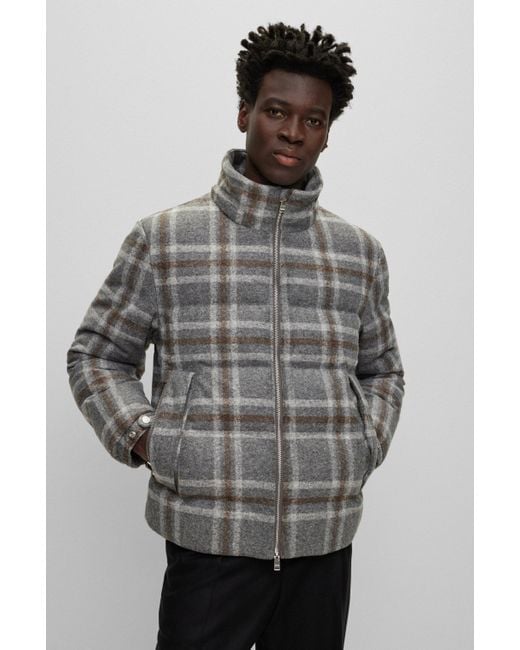 Boss Gray Down Jacket With Checked Pattern for men