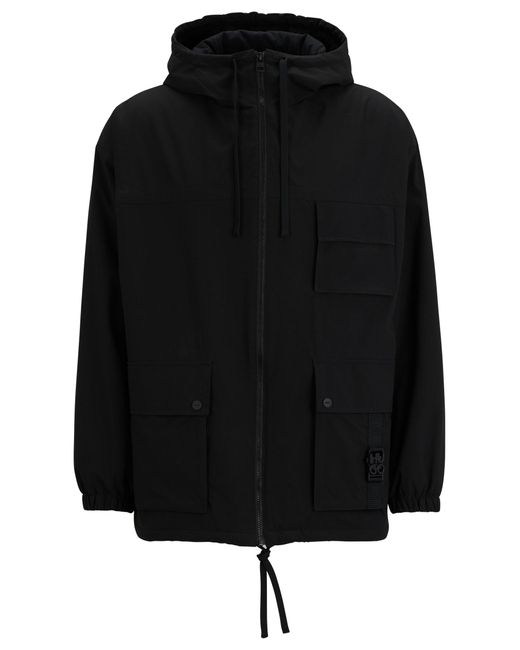 HUGO Black Water-repellent Parka Jacket With Stacked-logo Buckle for men