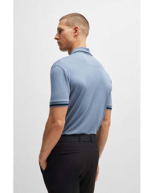 Boss Blue Cotton-blend Polo Shirt With Stripes And Logo for men