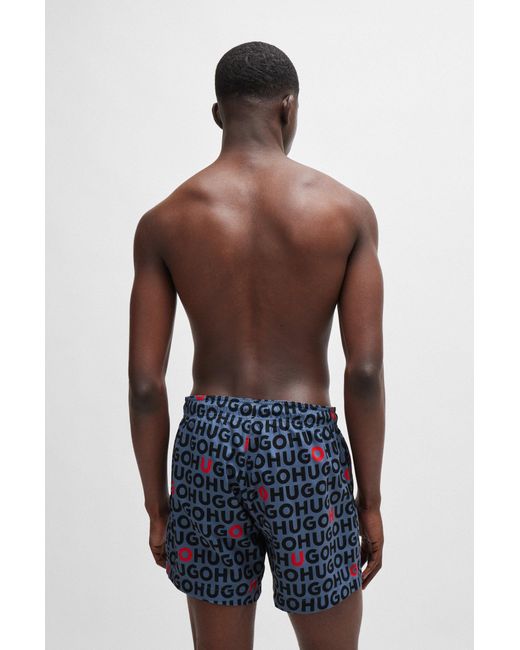 HUGO Blue Recycled-material Swim Shorts With Logo Print for men