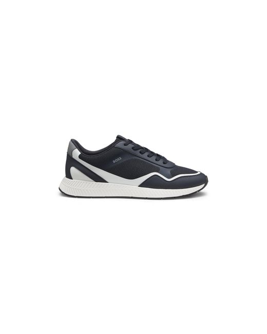 Boss Blue Mesh Trainers With Ribbed Sole for men