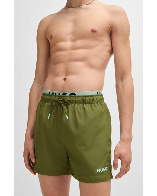 HUGO Green Logo-print Swim Shorts With Double Waistband for men