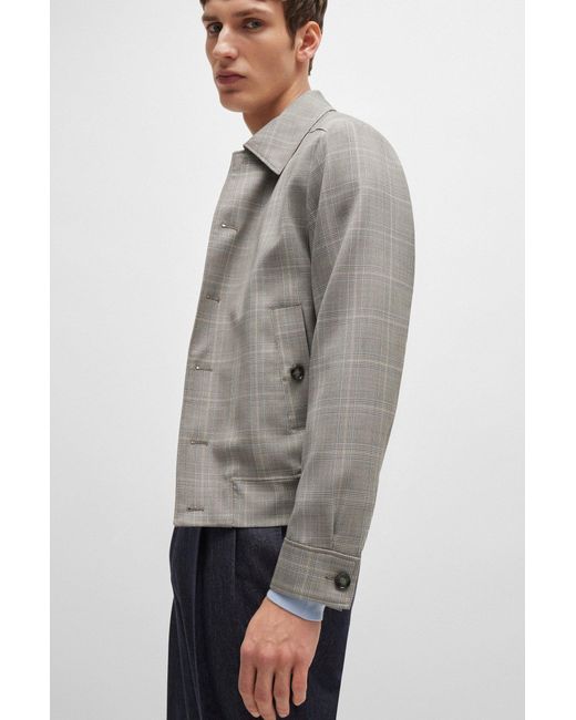 Boss Gray Slim-fit Jacket In Water-repellent Checked Virgin Wool for men