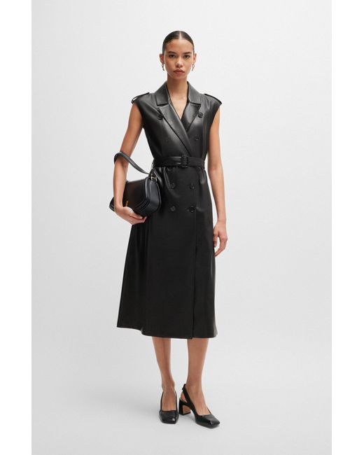 Boss Black Faux-leather Dress With Double-breasted Front