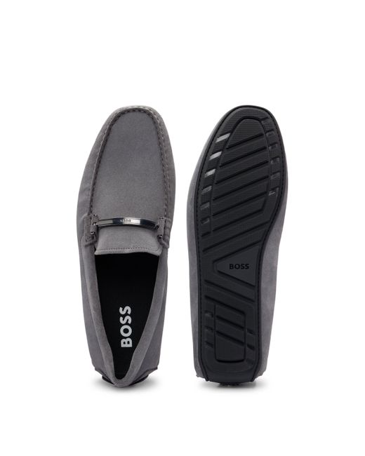 Boss Gray Suede Moccasins With Branded Hardware And Full Lining for men