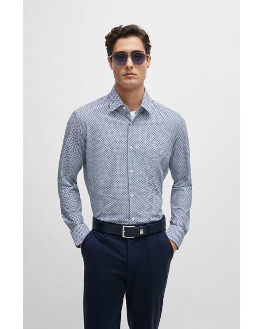 Boss Regular-fit Overhemd Van Hoogwaardig Stretchmateriaal Met Print in het Blue voor heren