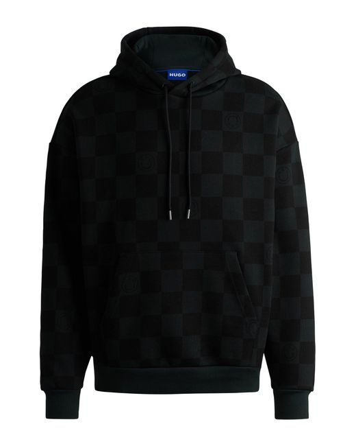 HUGO Black Loose-fit Hoodie In Cotton Terry With Checkerboard Print for men