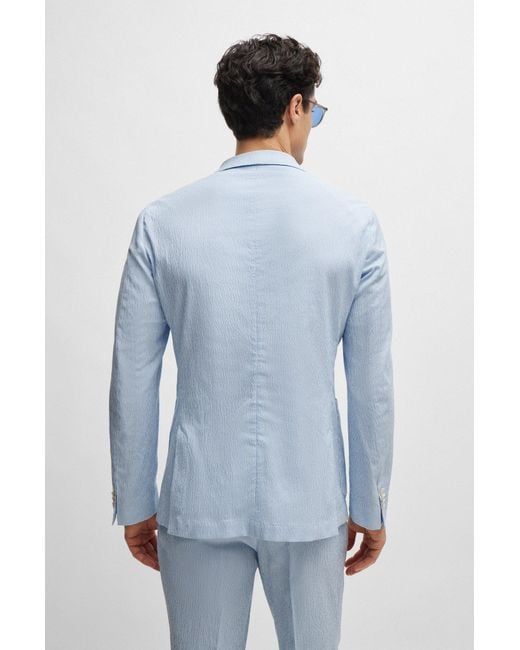 Boss Blue Slim-fit Suit In Striped Stretch-cotton Seersucker for men