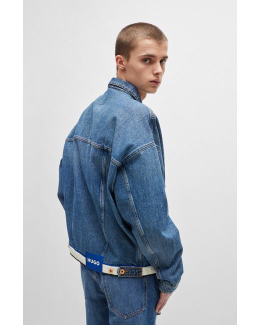 HUGO Blue-denim Jacket With Logo-tape Hem for men