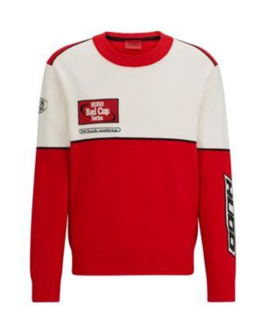 Pull color block avec badges inspirés de l'univers de la course automobile HUGO pour homme en coloris Red