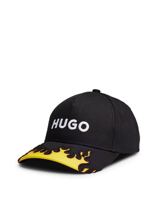 HUGO Black Cotton-twill Cap With 3d Flame And Logo Embroidery for men