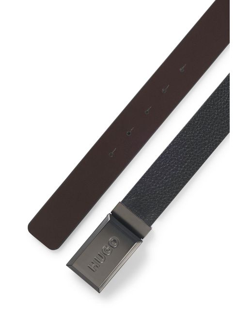 HUGO Gray Reversible Belt In Italian Leather With Plaque Buckle for men