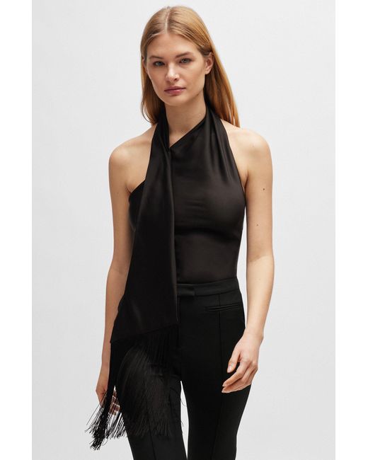 Boss Black One-shoulder Blouse With Fringed Scarf Detail
