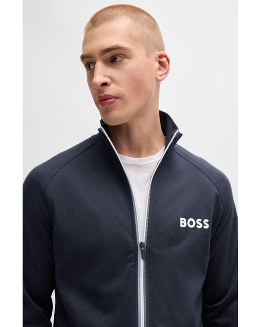 Boss Blue Zip-up Jacket In French Terry With Logo Detail for men