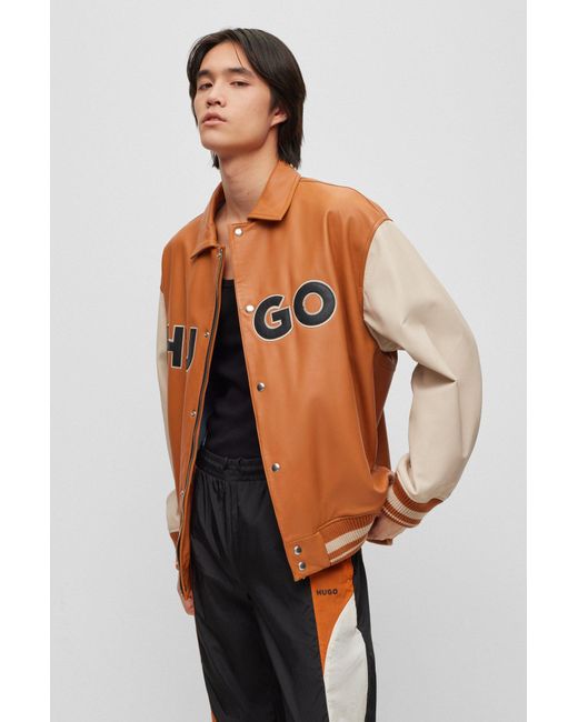 HUGO Brown Colour-blocked Logo Varsity Jacket In Leather for men