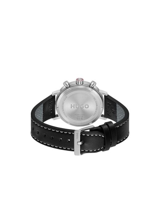 HUGO Black #Takeoff-Dial Watch With Stitched Leather Strap for men