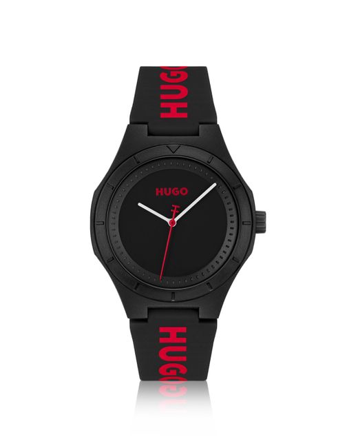 HUGO Mattschwarze Uhr mit Logo auf dem Silikonarmband in Black für Herren