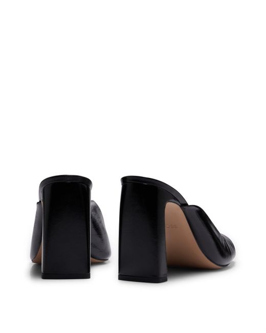 Boss Brown Open-toe Mules In Crinkled Leather With Block Heel