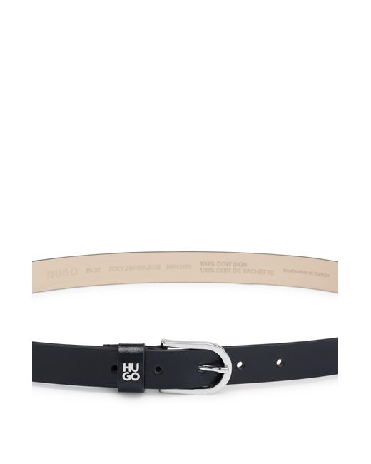 HUGO Black Italian-leather Belt With Stacked-logo Hardware Trim