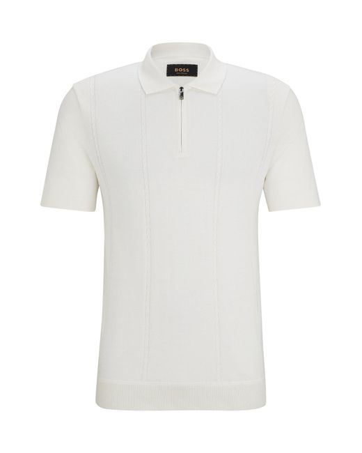 Boss White Zip-neck Polo Shirt In Cotton And Silk for men