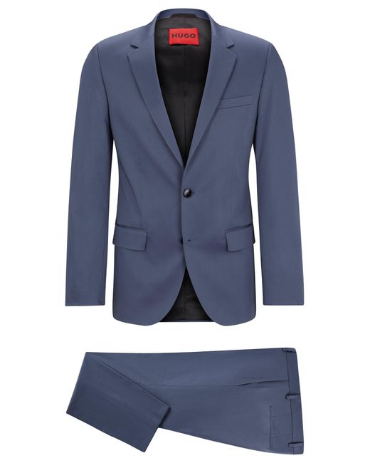 HUGO Blue Slim-fit Suit In Stretch-cotton Satin for men