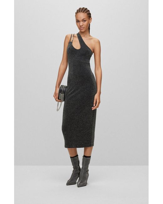 HUGO Black Glittery Asymmetric Midi Dress With Logo Strap