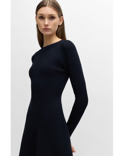 Boss Blue Slim-fit Long-sleeved Dress With Mixed Structures