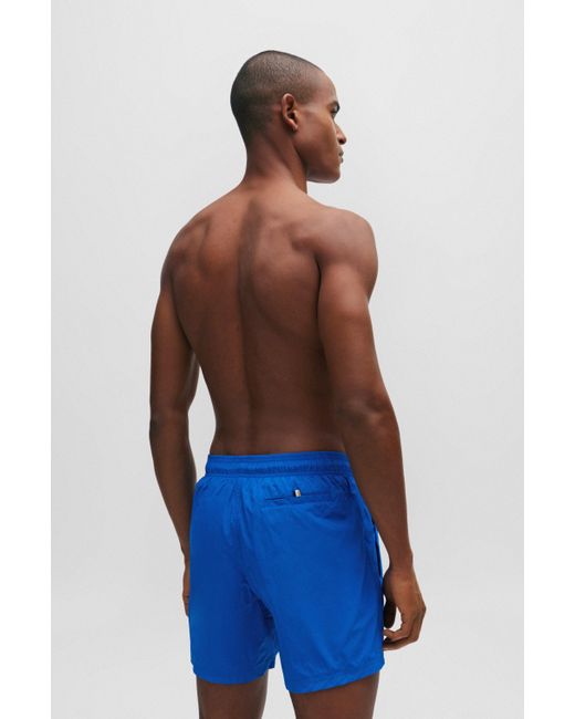 Boss Blue Vertical-logo-print Swim Shorts In Quick-dry Poplin for men