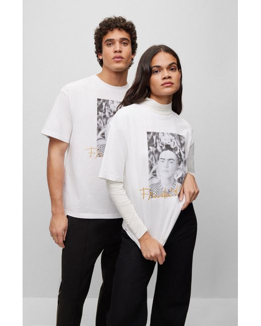 Boss White Relaxed-fit Cotton T-shirt With Frida Kahlo Graphic