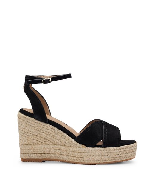 Boss Black Suede Wedge Sandals With Ankle Strap