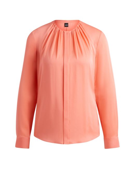 Boss Red Ruched-neck Blouse In Stretch-silk Crepe De Chine