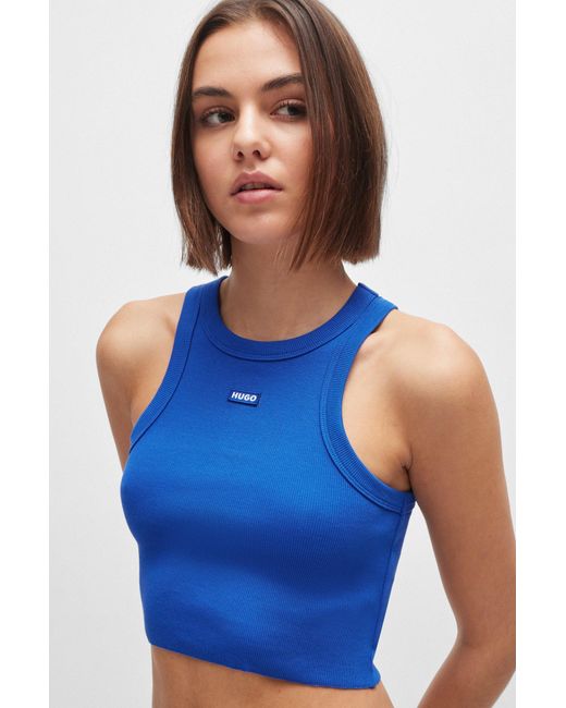 HUGO Stretch-cotton Cropped Tank Top With Blue Logo Label