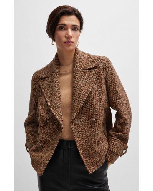 Boss Brown Regular-fit Double-breasted Coat In Herringbone Tweed