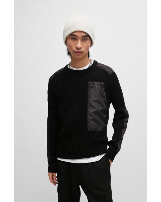 HUGO Black Ribbed-cotton Sweater With Tonal Trims And Stacked Logo for men