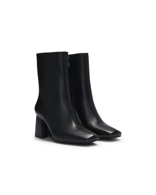HUGO Black Leather Ankle Boots With Block Heel