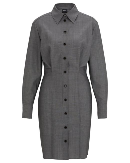 Boss Gray Shirt-style Regular-fit Dress In Virgin Wool