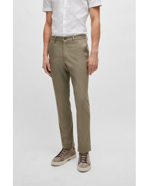 Boss Natural Slim-fit Trousers In Stretch Cotton With Silk for men