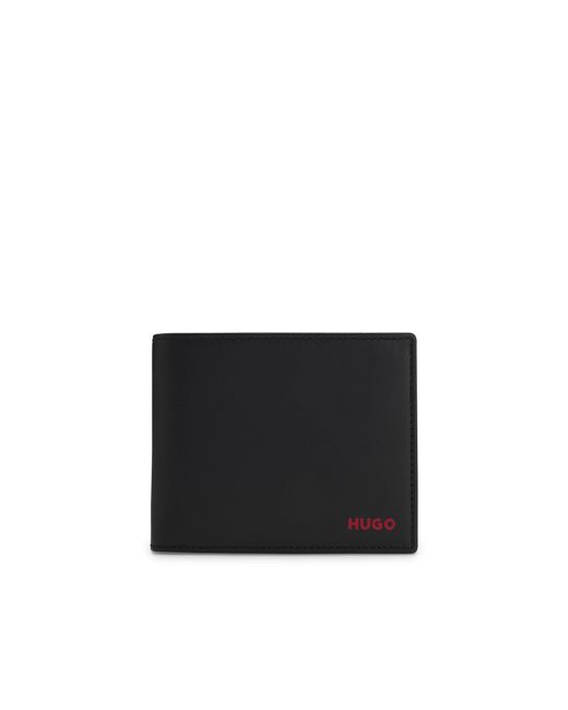 HUGO Black Leather Trifold Wallet With Logo for men