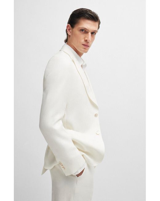 Boss White Slim-fit Jacket In Micro-patterned Linen for men