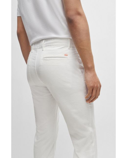 Boss White Slim-fit Chinos In Stretch-cotton Satin for men