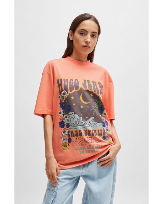 HUGO T-shirt Van Katoenen Jersey Met Retro-artwork in het Orange voor heren