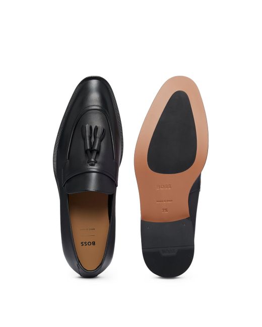 Boss Black Leather Loafers With Tassel Trim for men