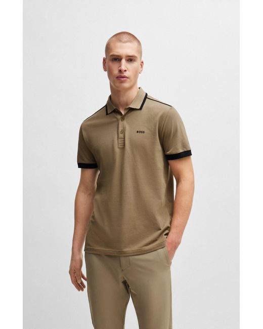 Boss Brown Cotton-piqué Polo Shirt With Contrast Stripes And Logo for men